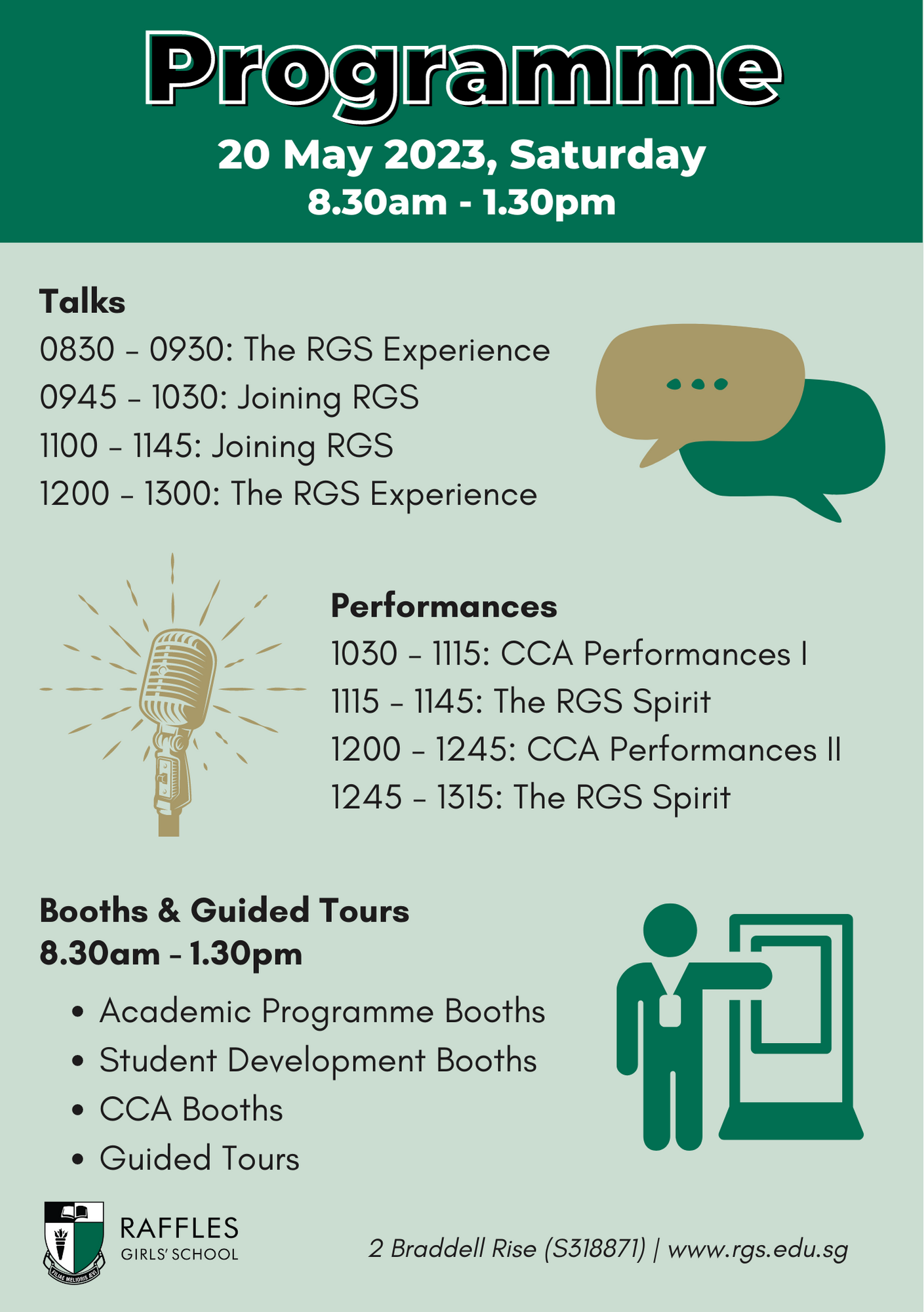 Raffles Girls School open day programme poster for 20 May 2023, listing talks, performances, and booths schedule.
